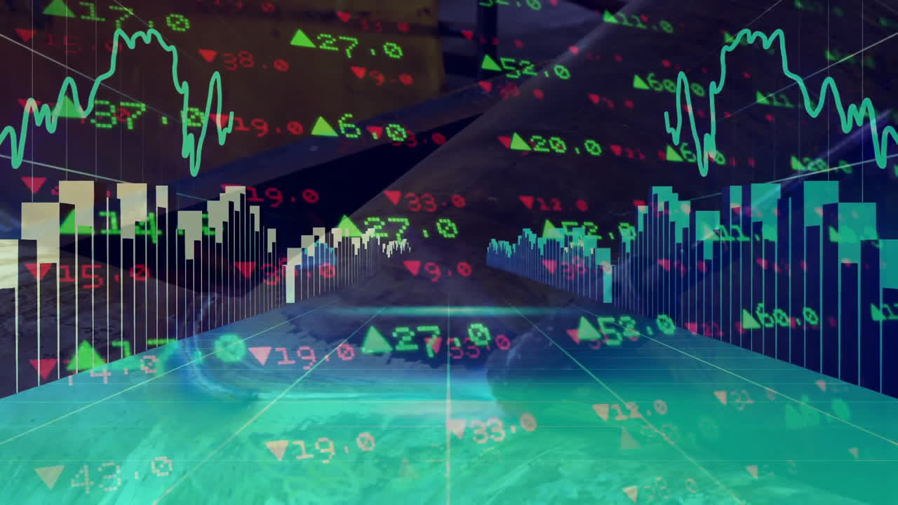 Visualization charting financial market data on 3D grid planes, featuring green and red arrows