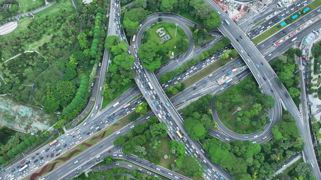 Aerial footage of traffic jam during holiday in downtown of shenzhen city, China