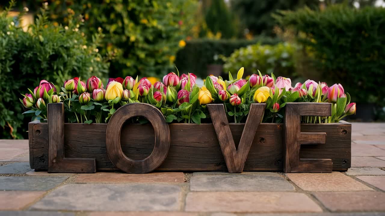 Showing wooden LOVE planter on paved terrace, buds opening into yellow red pink blooms under sun