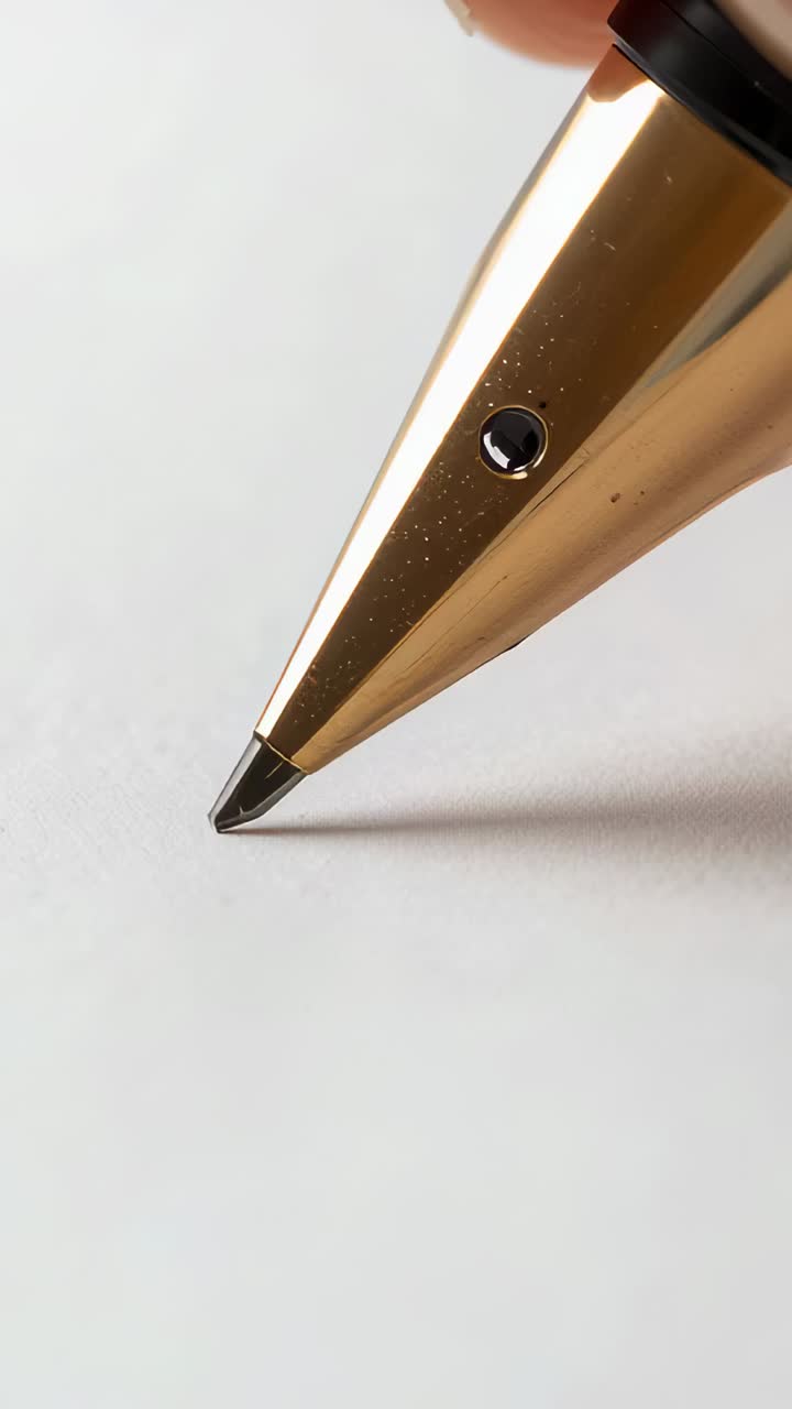 Vertical video: Ink bead forming, gold pen nib contacting paper drawing black squiggle testing flow