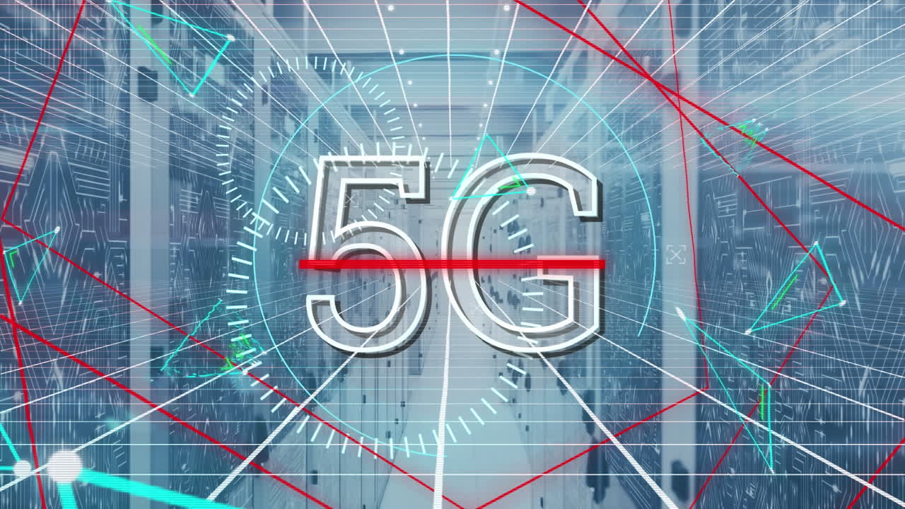 animazione di forme e testo 5g sulla sala server
