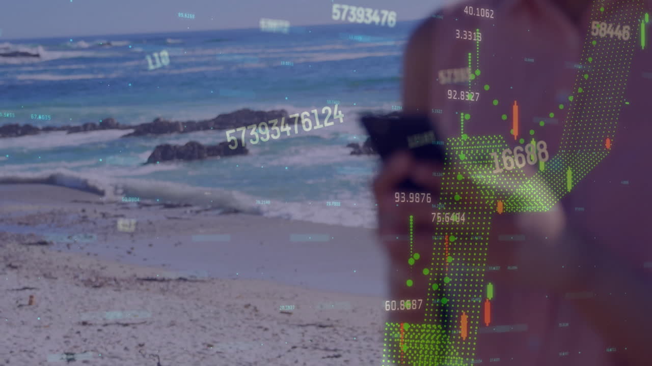 스마트폰을 사용하여 해변에서 백인 여성에 대한 그래프 및 처리 데이터의 애니메이션