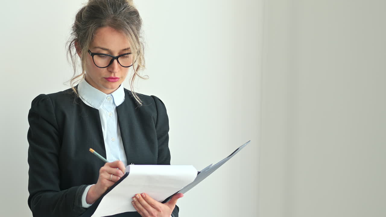 Businesswoman writing notes on a clipboard in a bright office