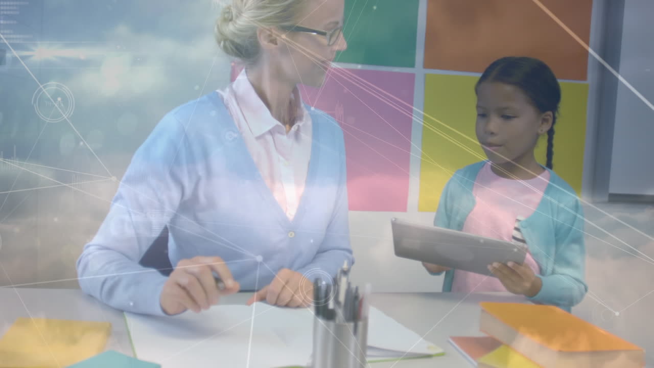 Animation of connected dots, graphs, dense clouds on diverse girl asking help from female teacher