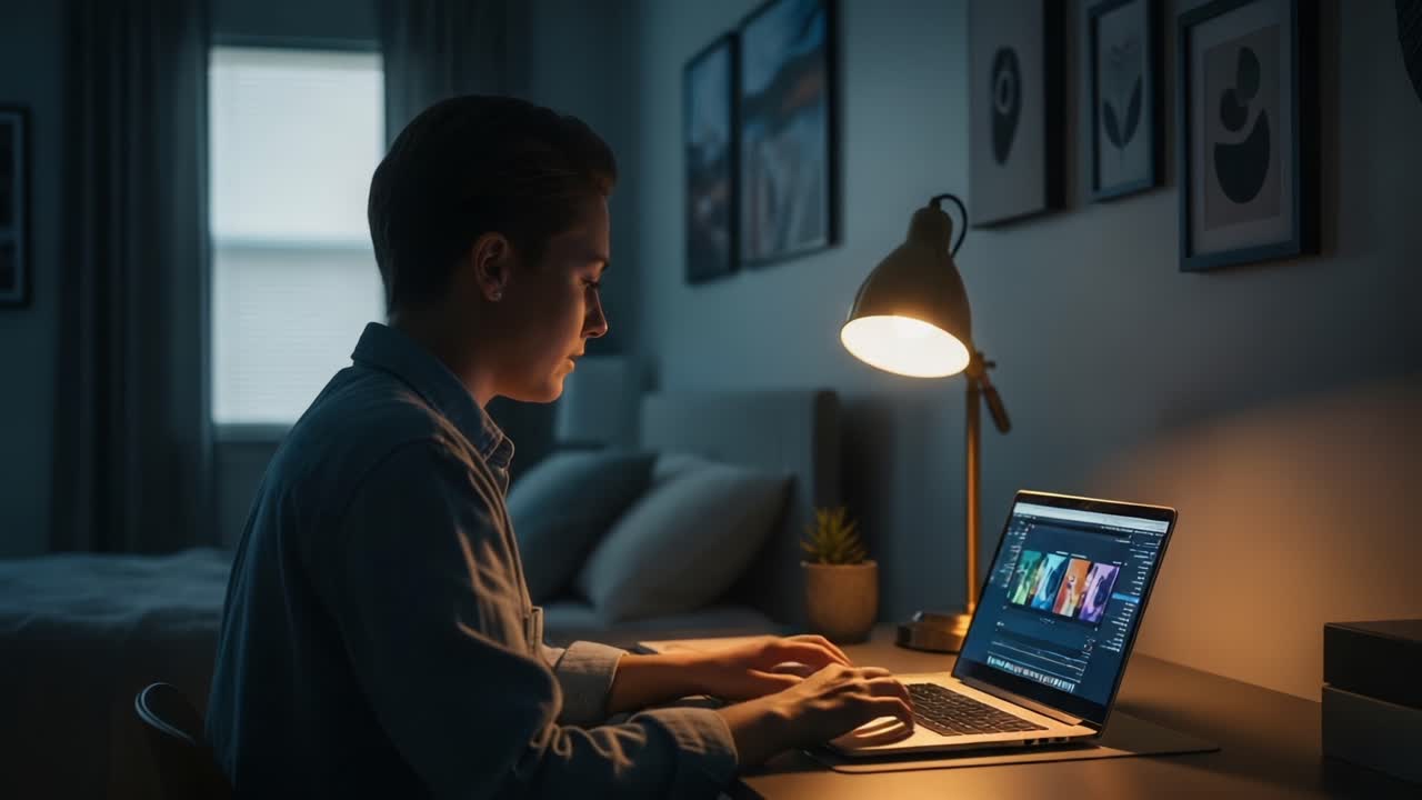 Focused Individual Engaged in Late-Night Video Editing on Laptop in Cozy Room with Ambient Lighting and Modern Decor