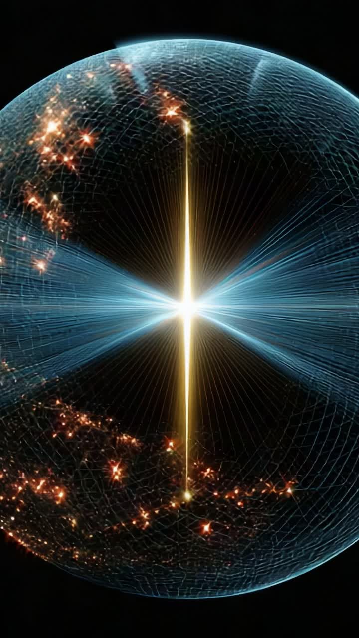 A mesmerizing cosmic sphere showcasing an ethereal burst of light emanating from a central axis, surrounded by intricate patterns and distant starlit realms, illustrating a stunning concept of space and energy interaction