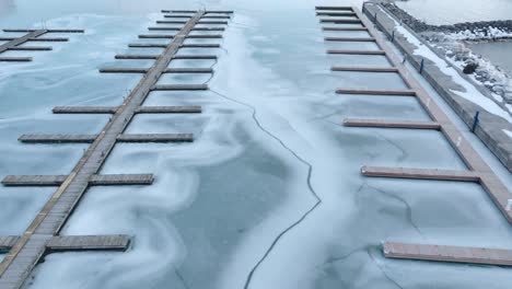 aerial shot of port elgin marina frozen over in winter, no boats, serene atmosphere, gray sky