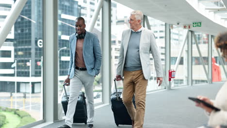 Luggage,-airport-and-talking-business-people