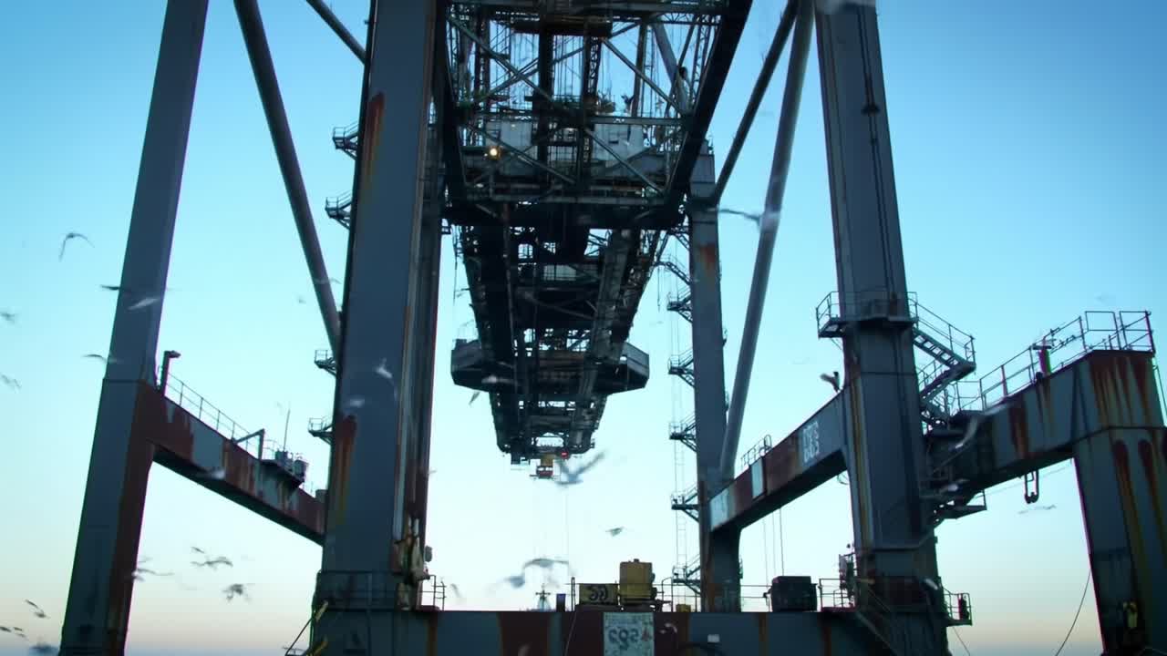 A Symphony of Movement: Seagulls Dance Amidst a Towering Crane Structure at Dawn, Capturing the Essence of Industrial Elegance and Nature's Harmony