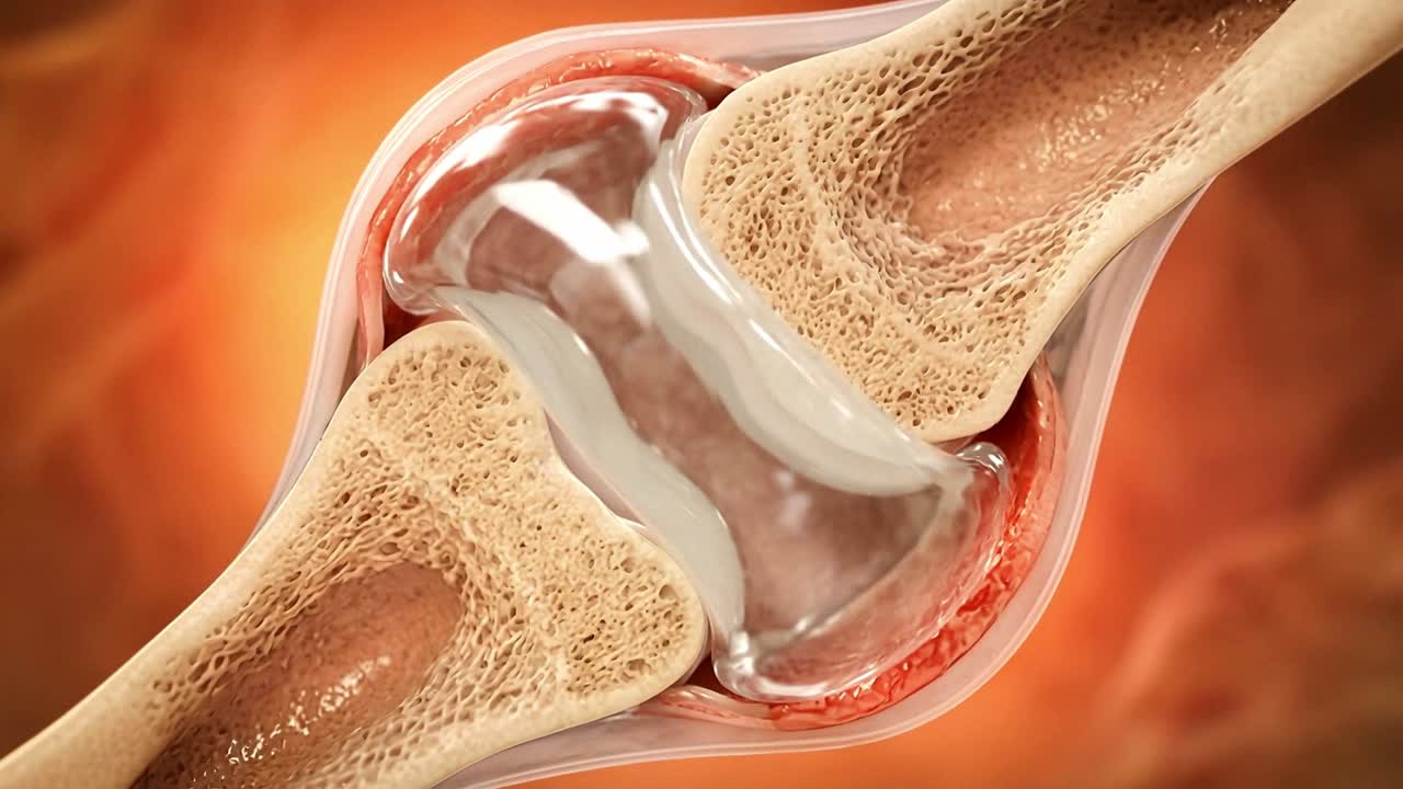 Kıkırdakları, kemikleri ve sinovyal hareketi gösteren anatomik kesitte insan diz ekleminin bükülme ve uzanma hareketi.