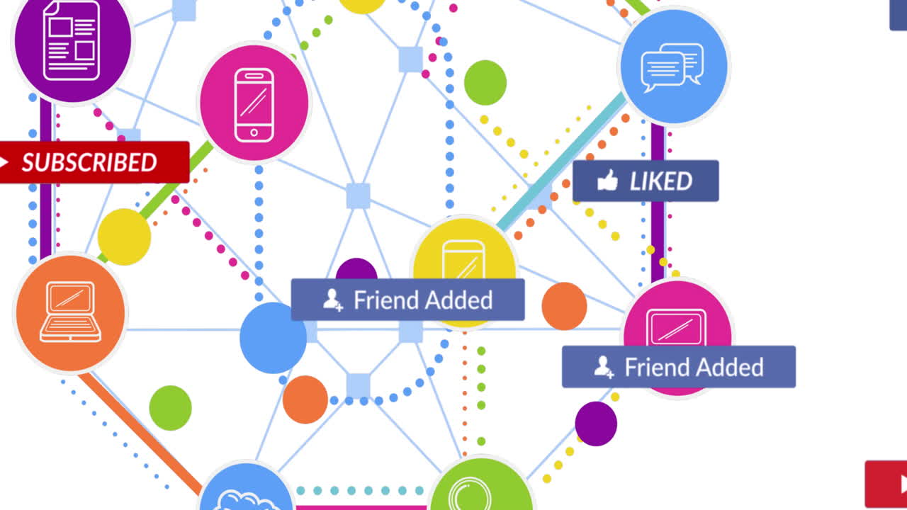 Animation of network of connections with icons on white background