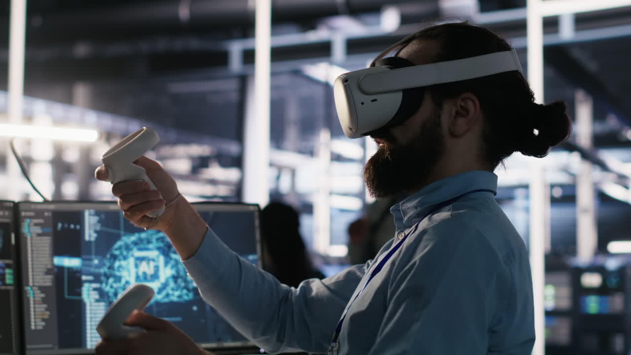 Vertical video Data center employee wearing VR headset using artificial intelligence