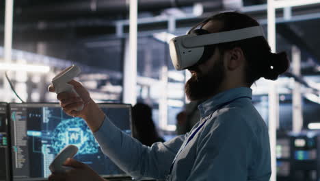 vertical video data center employee wearing vr headset using artificial intelligence