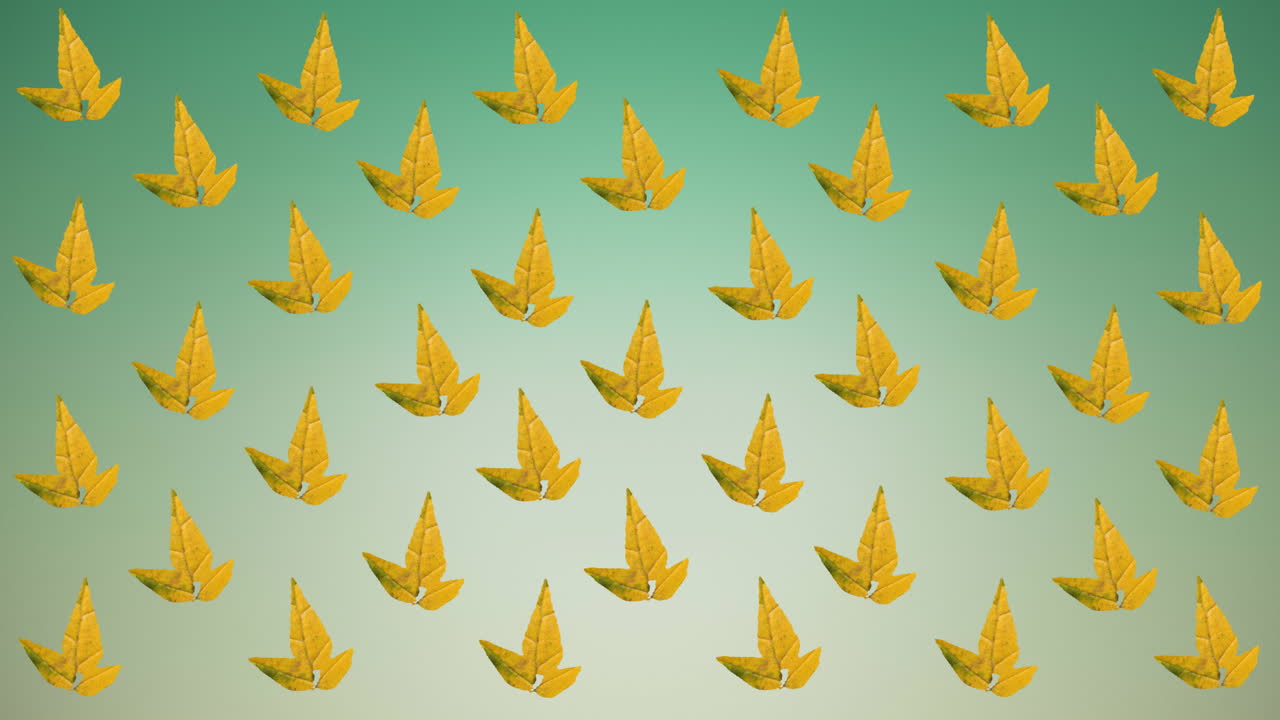 초록색 배경에 가을 노란색 잎의 줄의 애니메이션