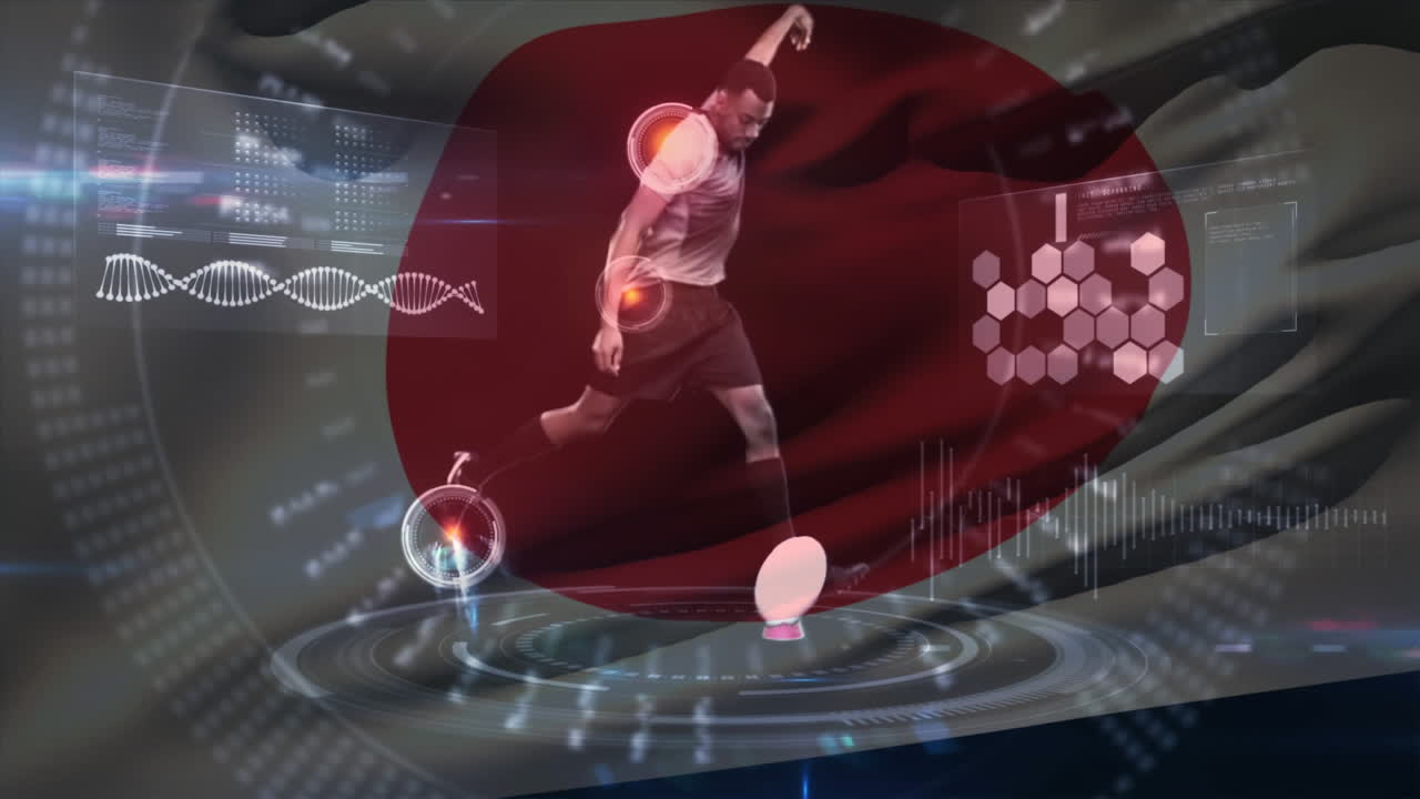 디지털 복합은 일본 발과 건강 분석과 함께 아프리카계 미국 럭비 선수를 보여줍니다.