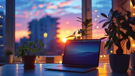 laptop on desk with sunset view
