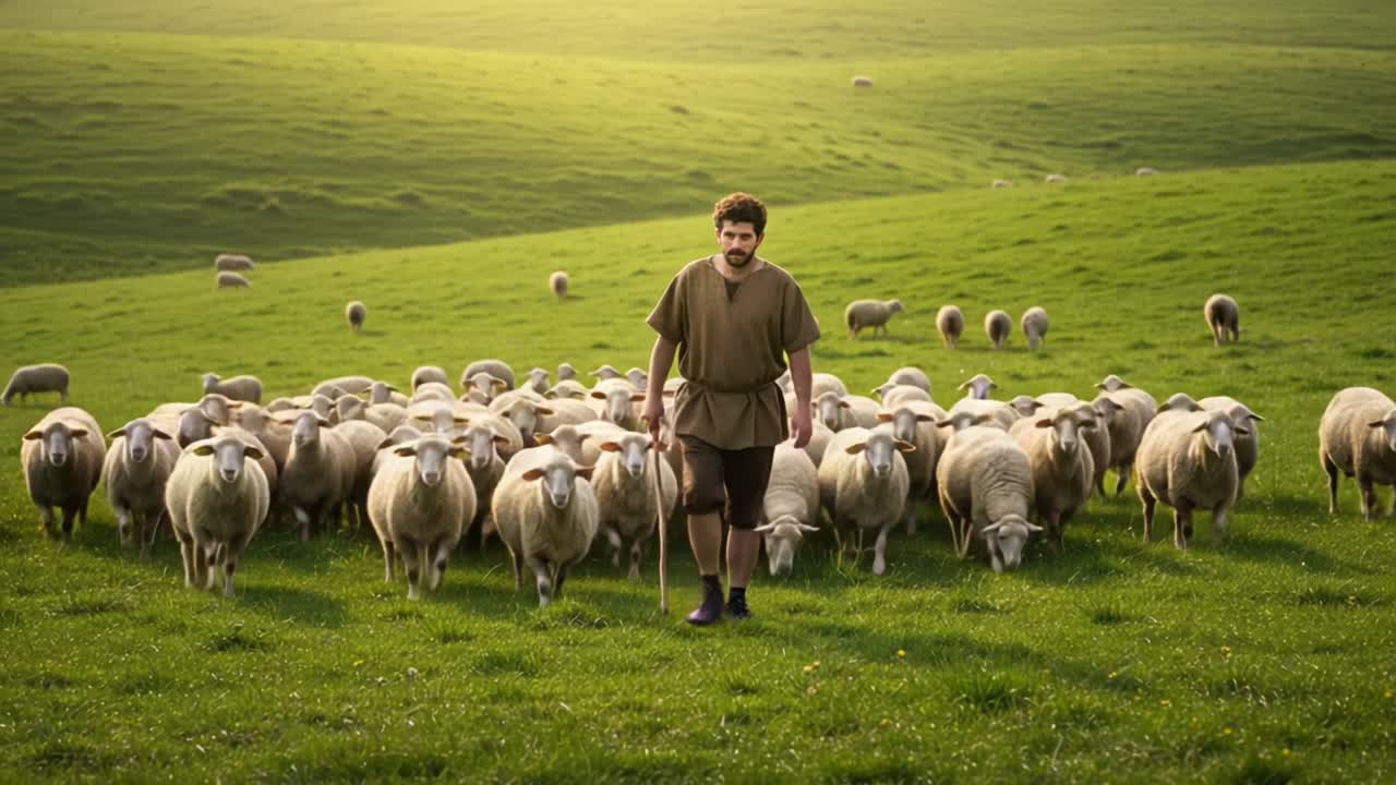 A shepherd guides a flock of sheep through a lush green pasture, reflecting the timeless bond between man and nature in the serene countryside during golden hour