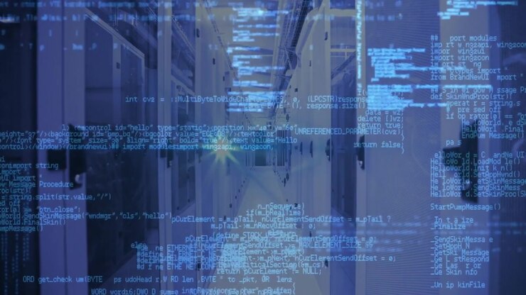 Digital Data Code Overlay in Modern Server Room