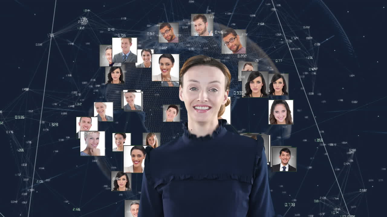 animación de una mujer caucásica extendiendo sus brazos sobre un globo girando con imágenes de personas.