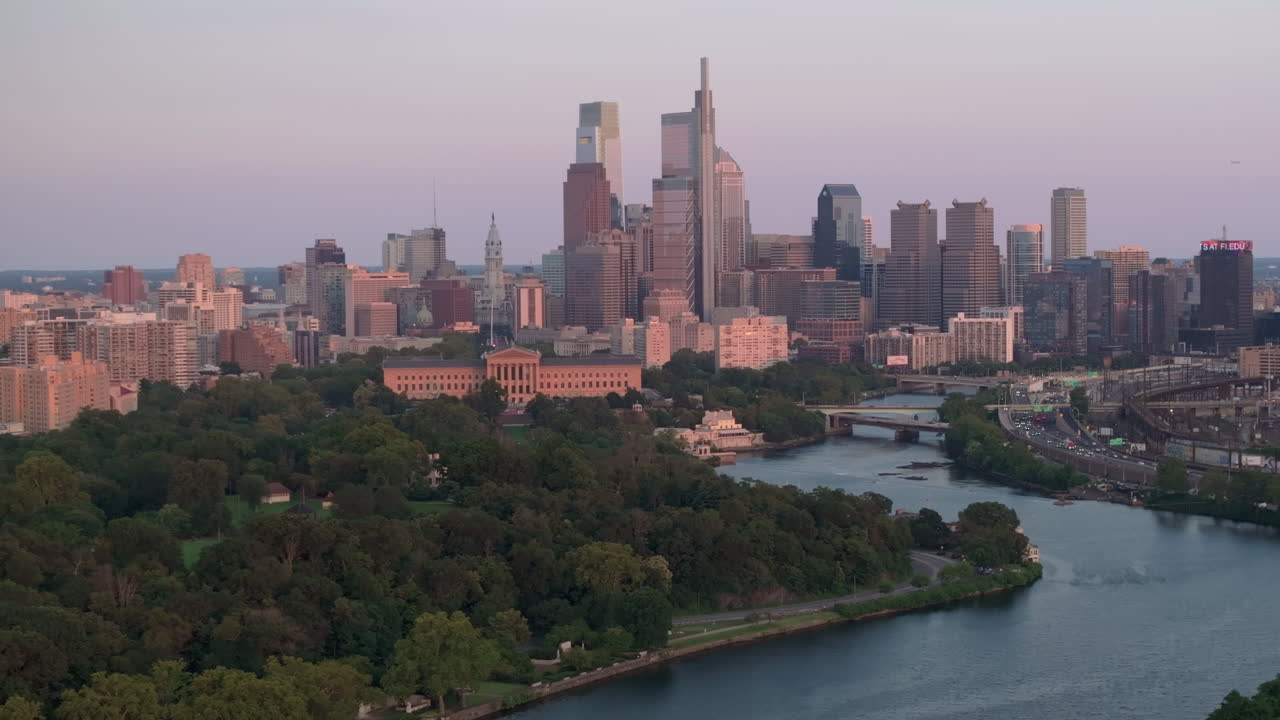 Aerial view of Philadelphia at sunset. Shot above the Schuylkill River and Fairmount Park