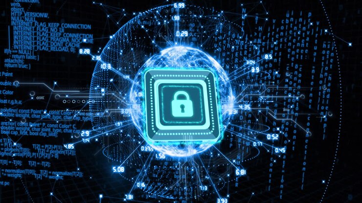 Cybersecurity lock icon with data processing animation over digital code background