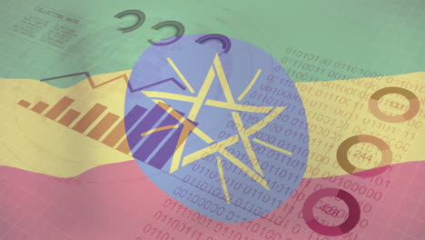 collecting data and binary coding animation over flag of ethiopia