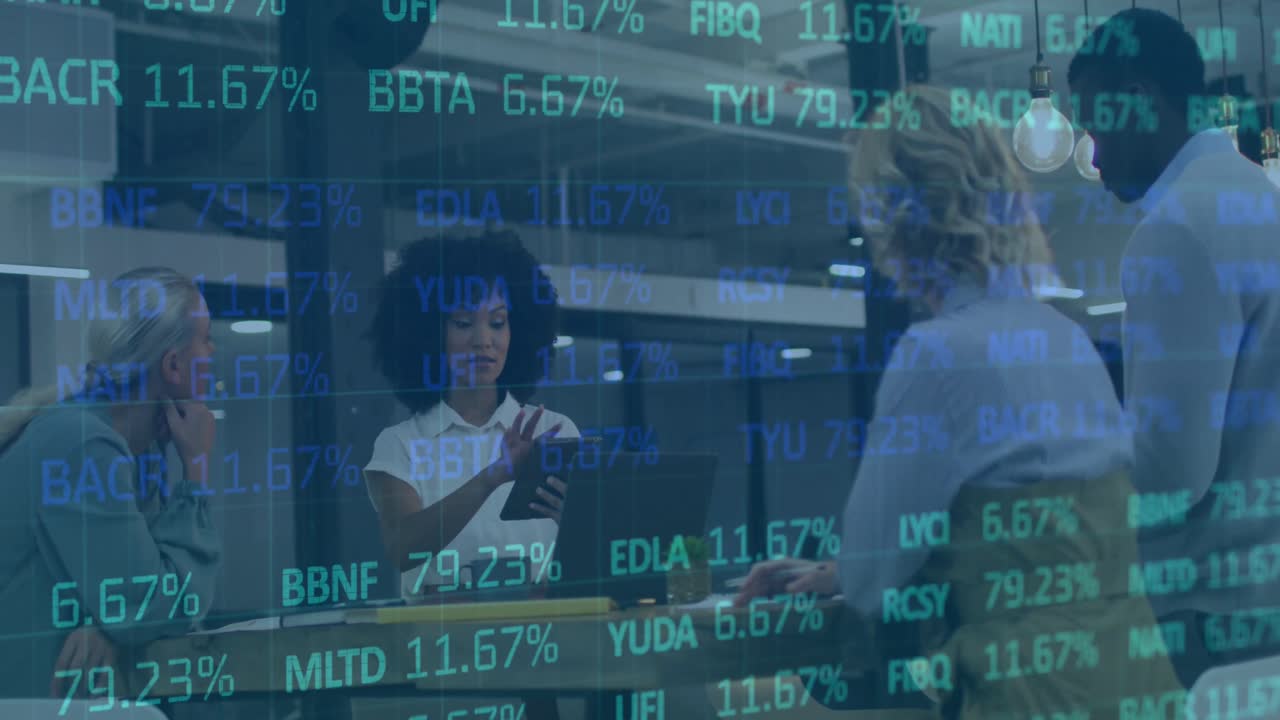 Animation of financial data processing over diverse business people in office