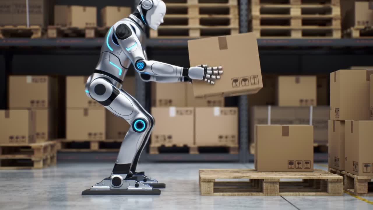 A robotic figure efficiently lifting boxes in a modern warehouse, showcasing advanced technology and automation in logistics and storage solutions