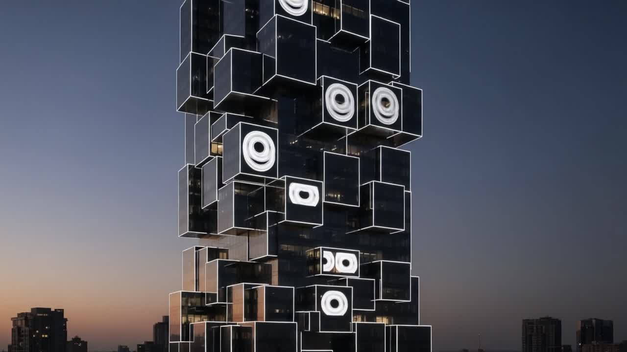 Stunning Modern Skyscraper Showcasing Unique Geometric Design and Illuminated Features Against the Dusk Sky, Transforming at Night with Striking Light Patterns