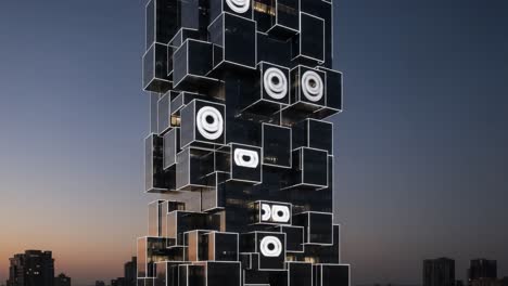 Stunning Modern Skyscraper Showcasing Unique Geometric Design and Illuminated Features Against the Dusk Sky, Transforming at Night with Striking Light Patterns