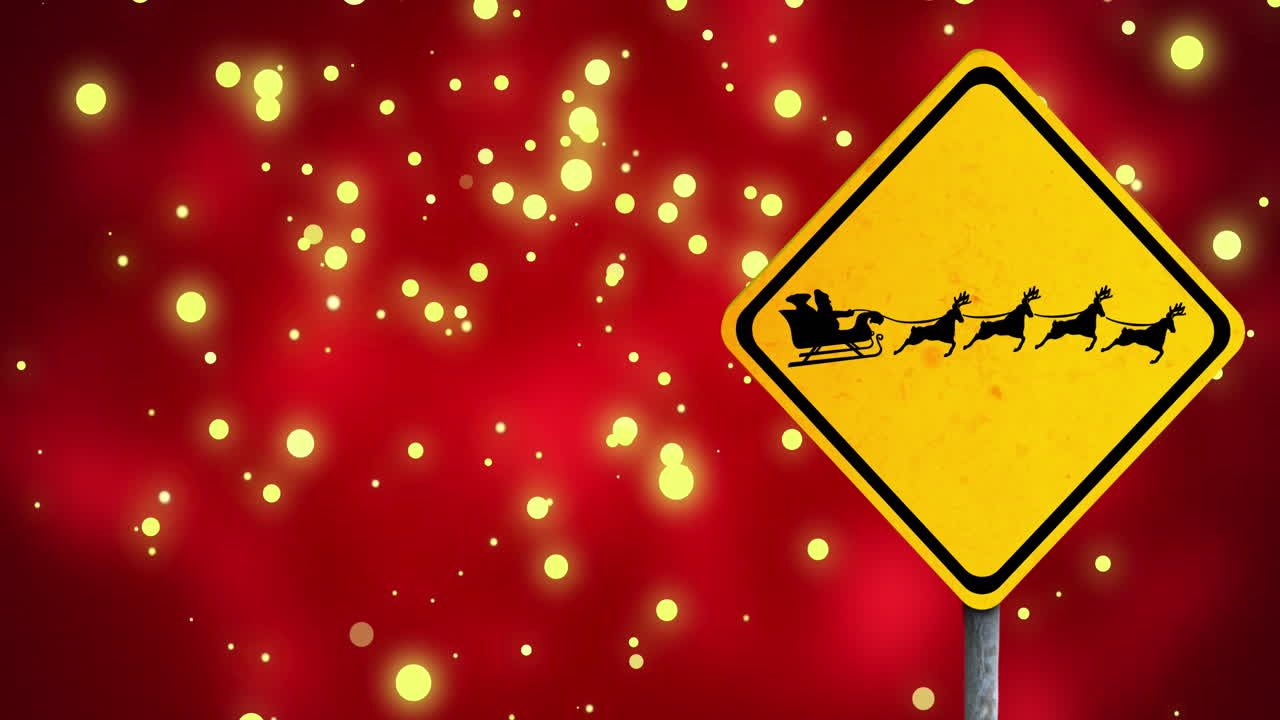 animación de un letrero con santa claus sobre puntos de luz en fondo rojo