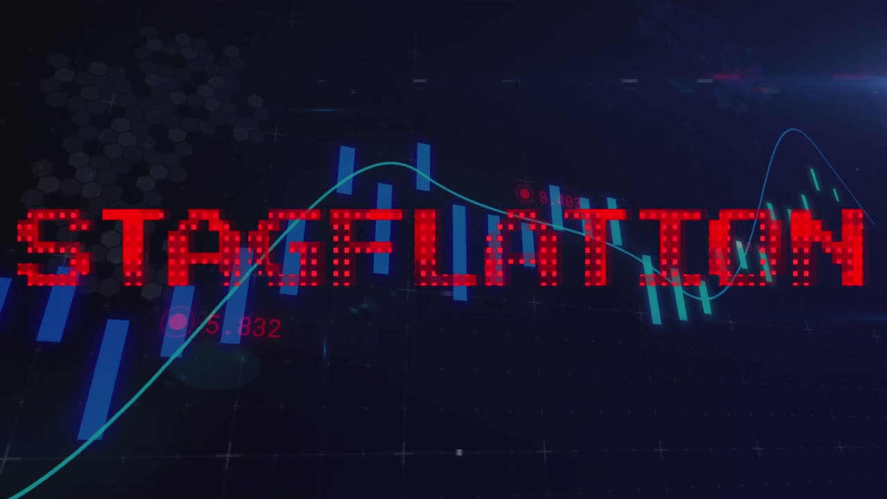 Animation af stagflationstekst i rød over graf med databehandling