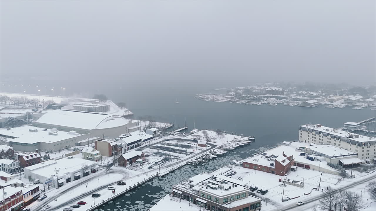 Snow-covered Annapolis And Spa Creek In Winter In Maryland, USA. - aerial shot