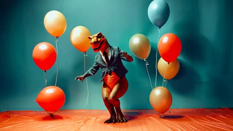 a man in a suit and tie holding a bunch of balloons