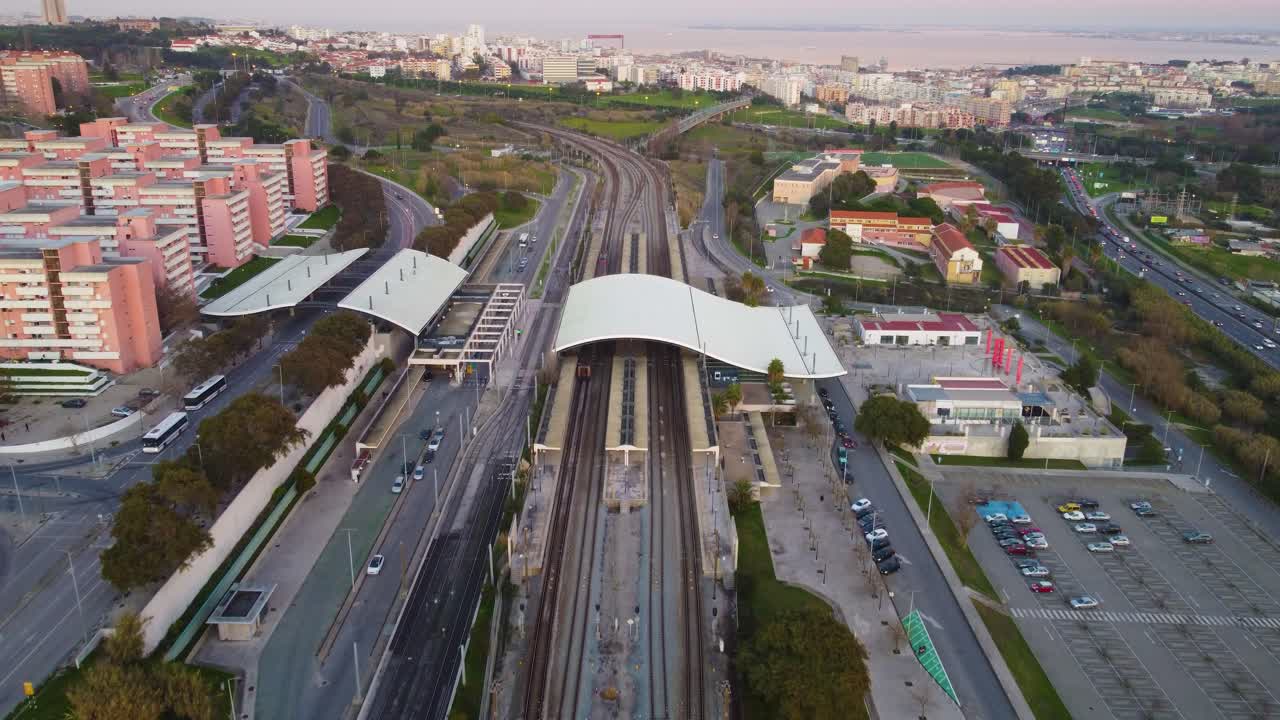 Drone shot flying forward above a train track