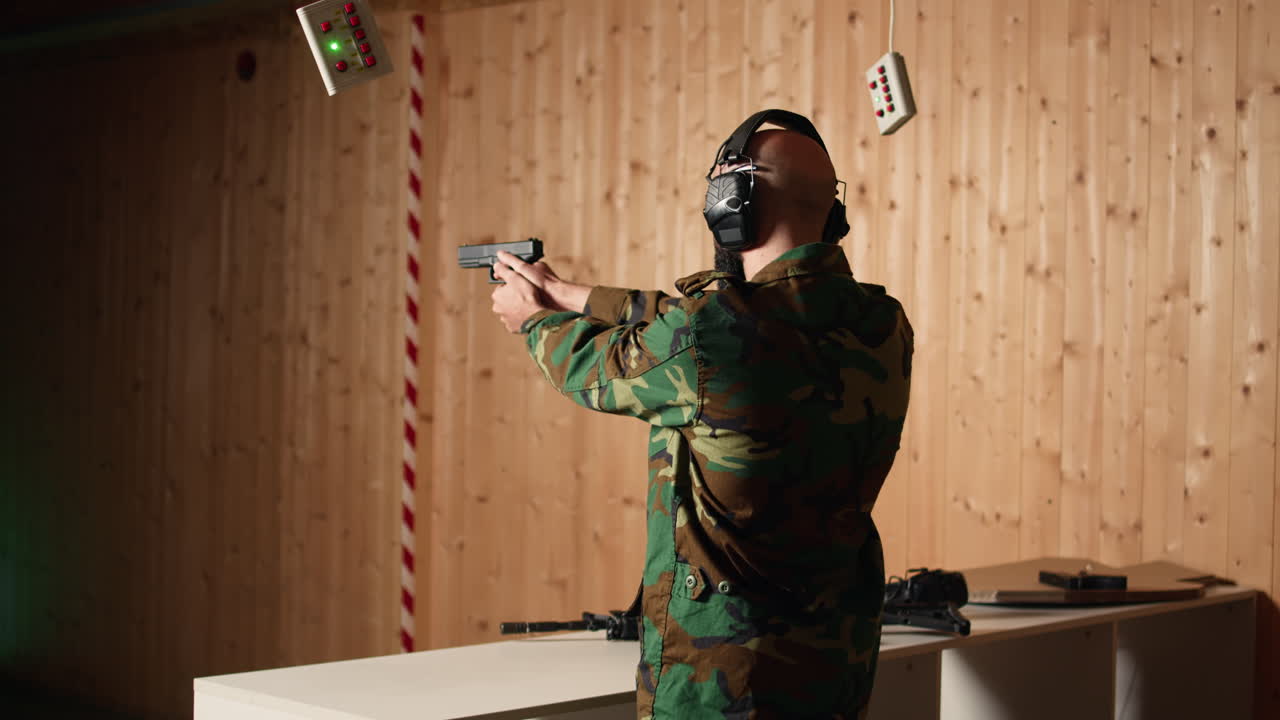 soldado alegre entrenando con armas de fuego exulta después de golpear con precisión el objetivo