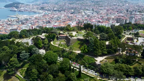 Aerial-dolly-Monte-do-castro,-vigo,-Spain,-fort-with-cityscape-behind