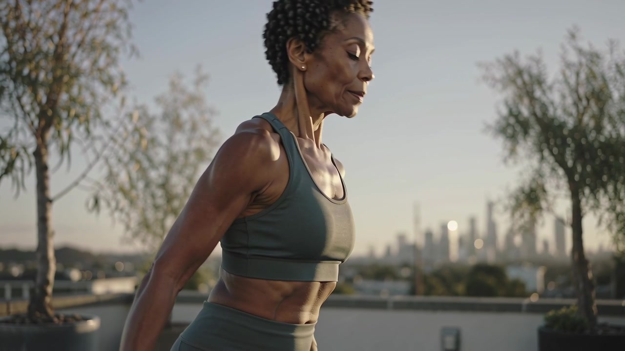Muovendo le braccia, donna esegue un hip hinge per la mobilità sul tetto all'alba vicino alle fioriere, abbigliamento sportivo verde