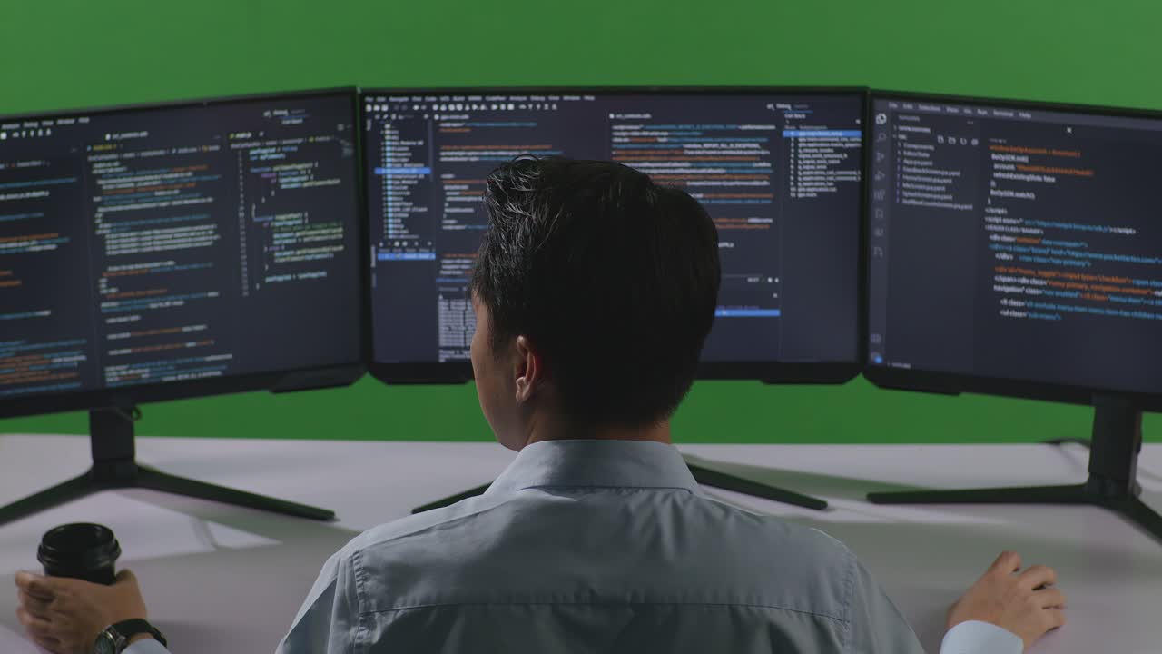 Back View Of Asian Man Developer Drinking Coffee And Using Computer To Write Code With Multiple Screens In Green Screen Studio