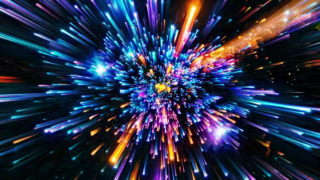 Dynamic video concept with a cosmic explosion of colorful lights, captured from a central angle