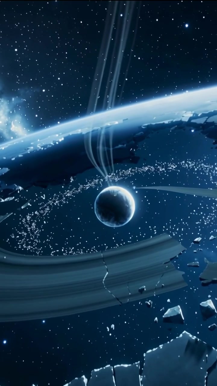 Vertical video: Panning camera showing ringed moon sending 3 gas jets toward limb, debris orbiting
