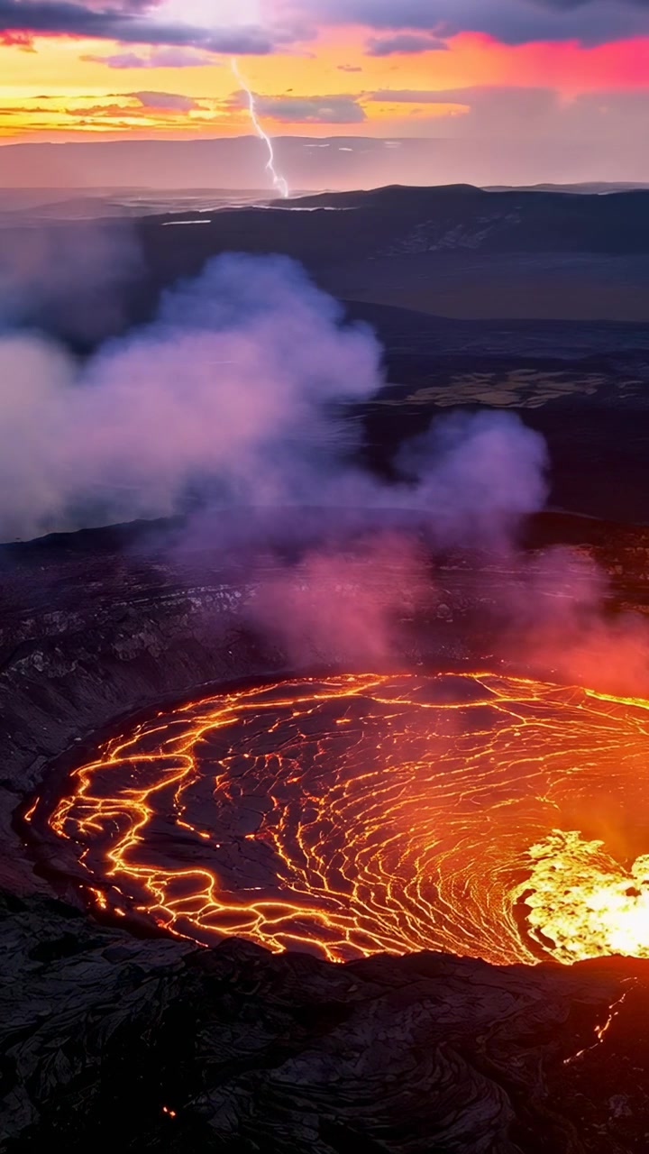 Vertical video: Boiling lava lake venting steam and releasing heat at dusk, lightning flashing