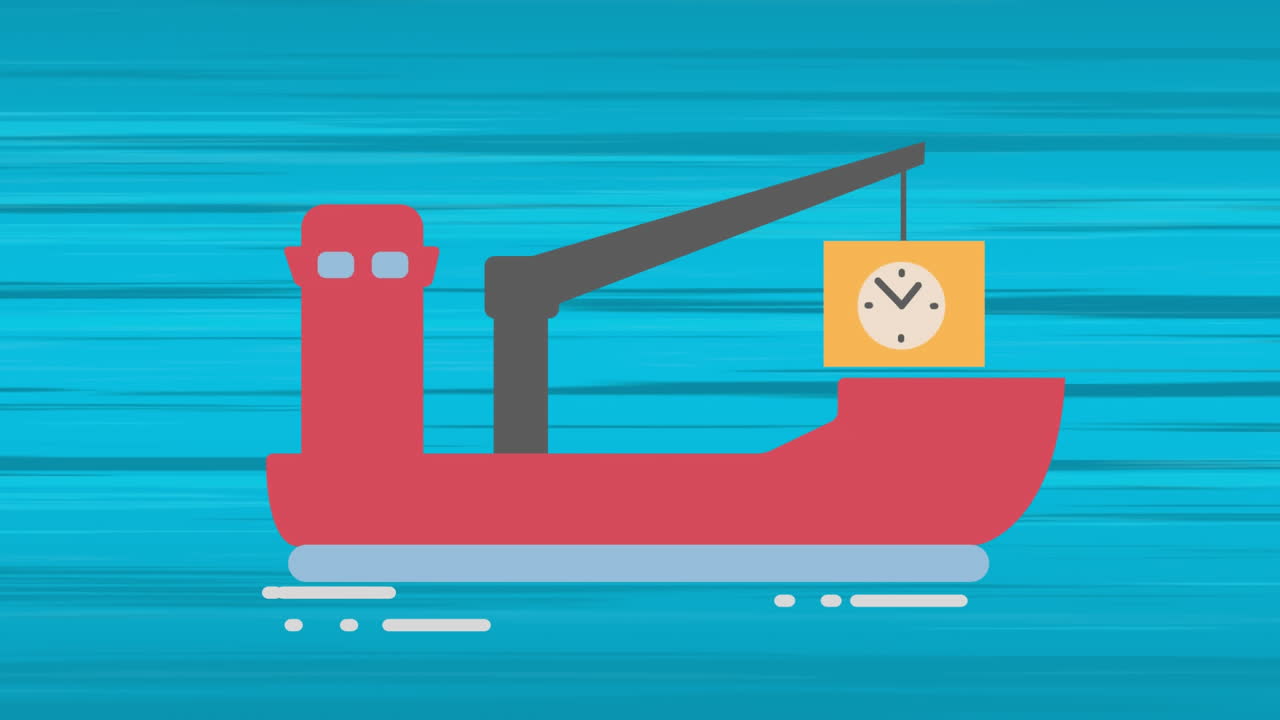 선박 아이콘의 디지털 애니메이션 배달 패키지 상자를 탑재하고 라이트 트레일에 맞춰 틱하는 시계