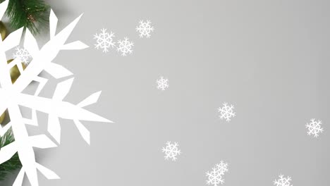 Animation-of-christmas-tree-and-snowflakes-on-grey-background