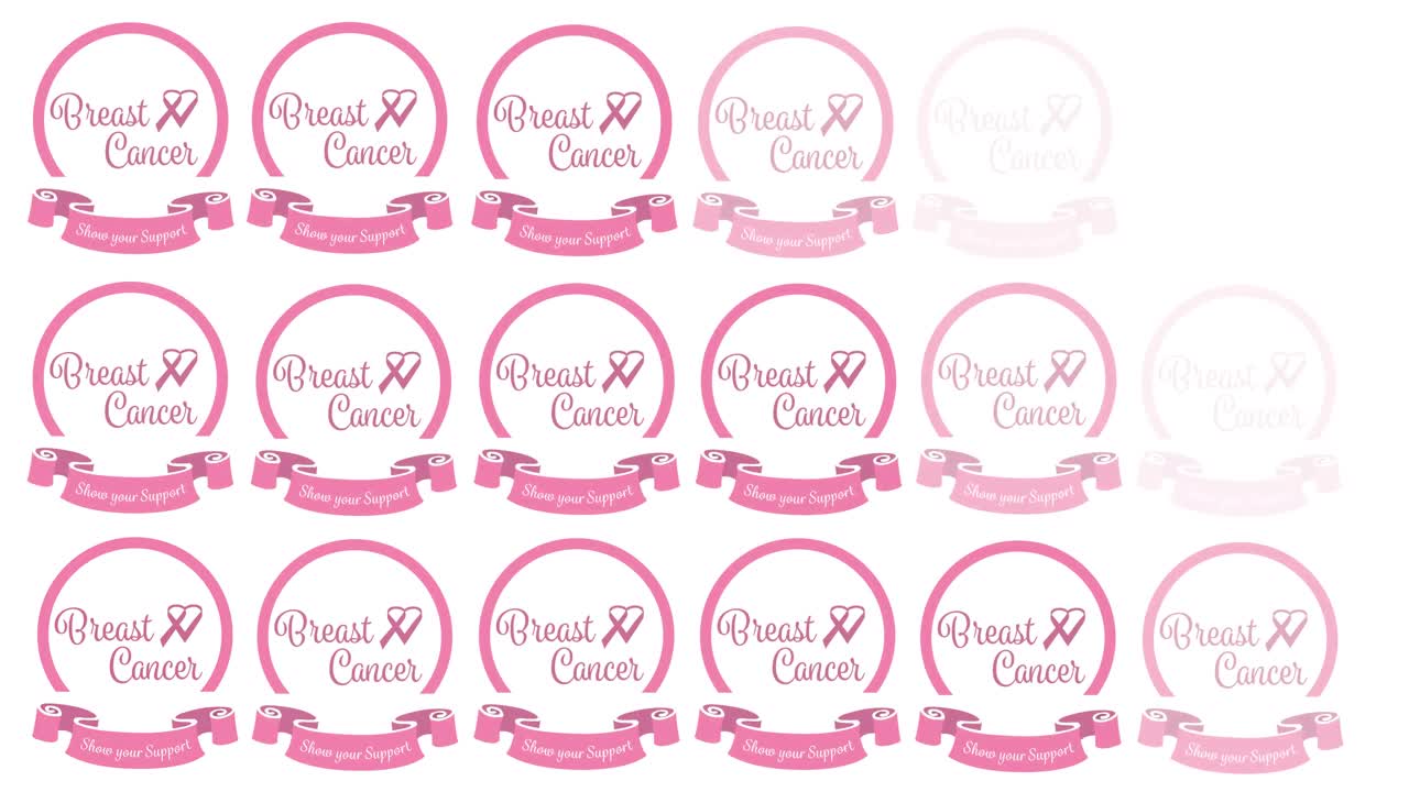 animación del logotipo de cinta rosa múltiple de cáncer de mama con texto de cáncer de mama en blanco