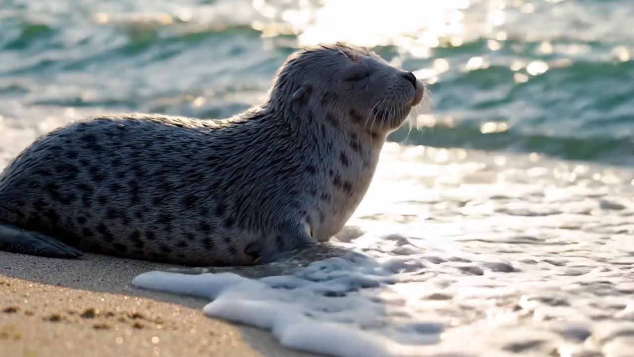 Una foca serena che riposa su una spiaggia sabbiosa mentre dolci onde lambiscono nelle vicinanze, catturando un momento di tranquillità nella bellezza costiera della natura