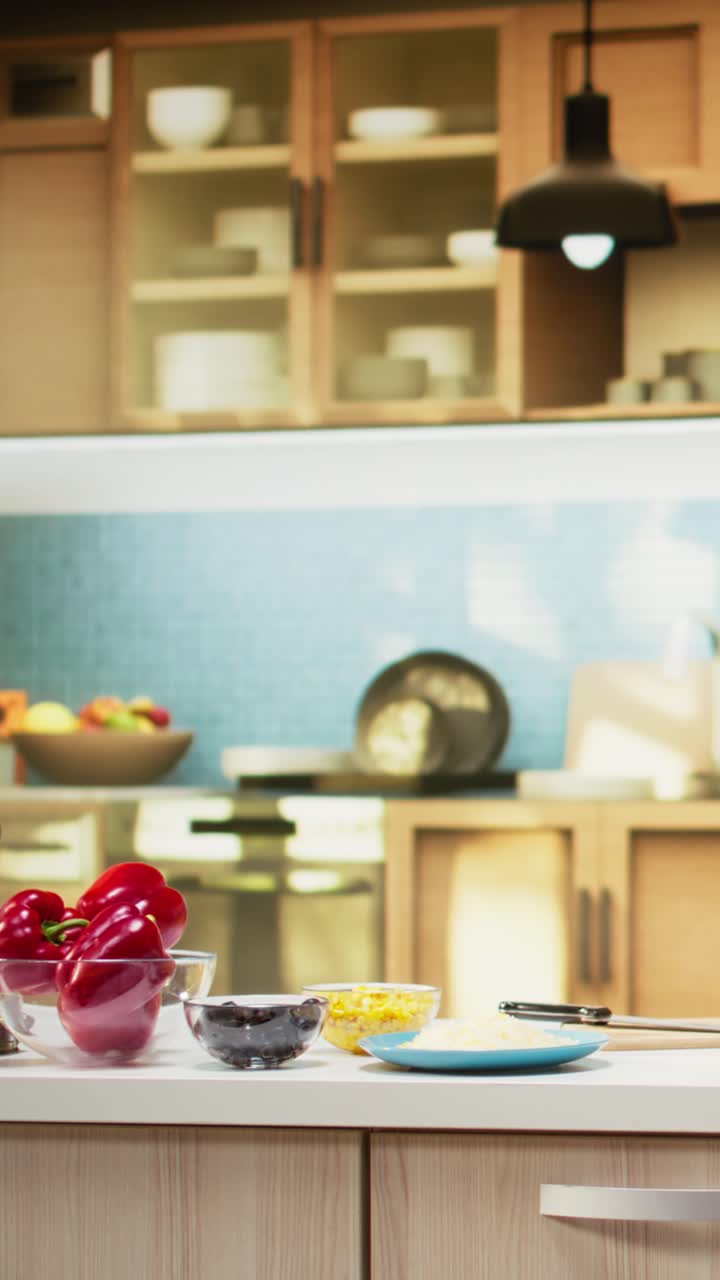 Vertical Video Empty kitchen island arranged with pizza essential such as flour