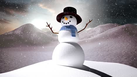 Digital-animation-of-snow-falling-over-male-snowman-on-winter-landscape