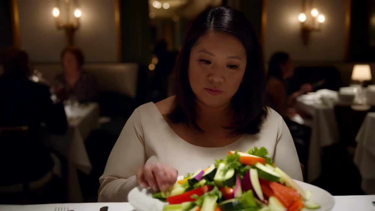 레스토랑 에서 러드 를 먹는 여자