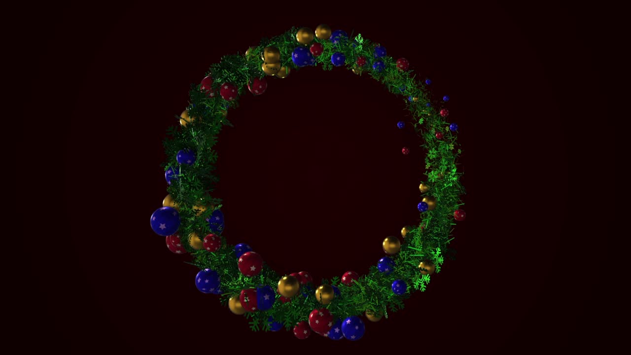 어두운 배경에서 회전하는 다양한 크기의 다채로운 반이는 공으로 장식 된 아름다운 녹색 크리스마스 꽃받침의 추상 애니메이션.